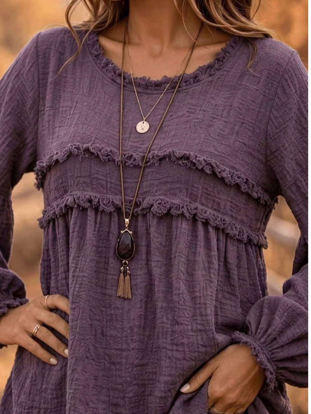 Solid Textured Round Neck Frayed Detail Long sleeve Top - Picture 9 of 12